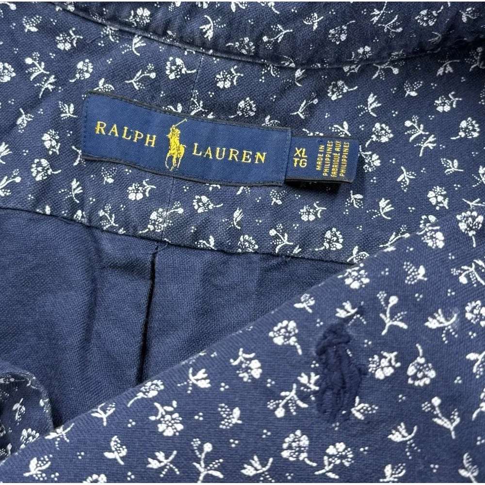 Ralph Lauren Mens XL Shirt Blue Calico Flower Print‎ Short Sleeve Button Down